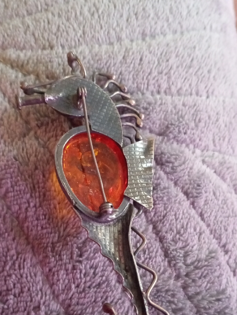 ANTIQUE Amber Seahorse Brooch - Amber Silver - Picture 4 of 7